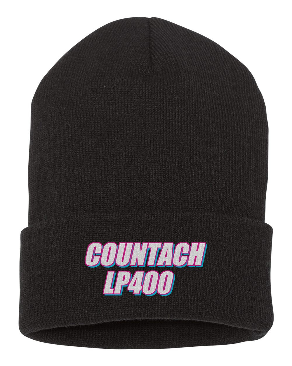 Countach Lp400 black beanie front view with car name