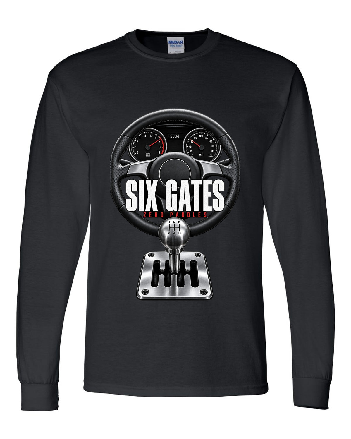 Cockpit print of a Lamborghini Gallardo with gated six-speed shifter and Six Gates text black long sleeve front view with the design