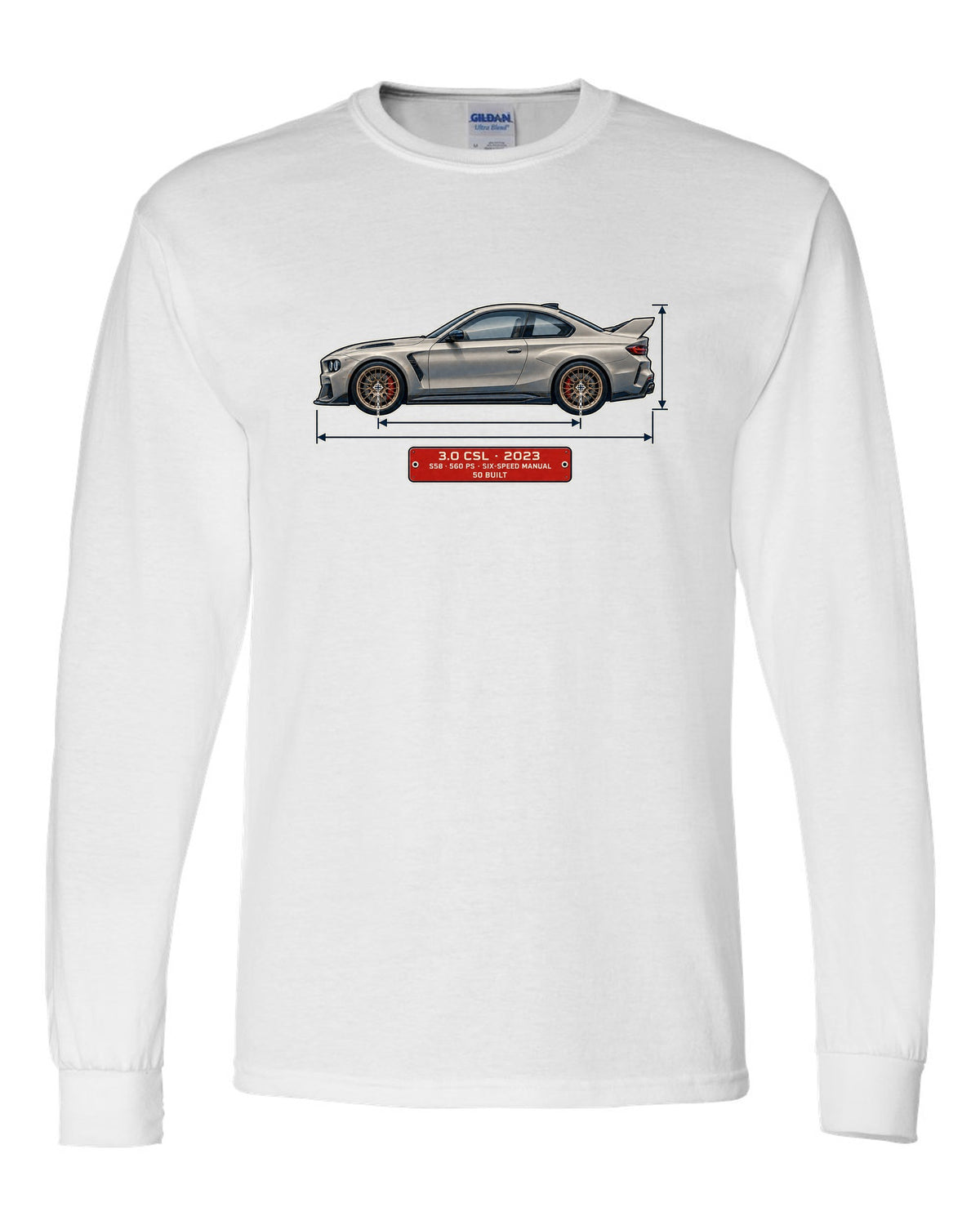 BMW 3.0 CSL 2023 dimension blueprint print white long sleeve front view with the design