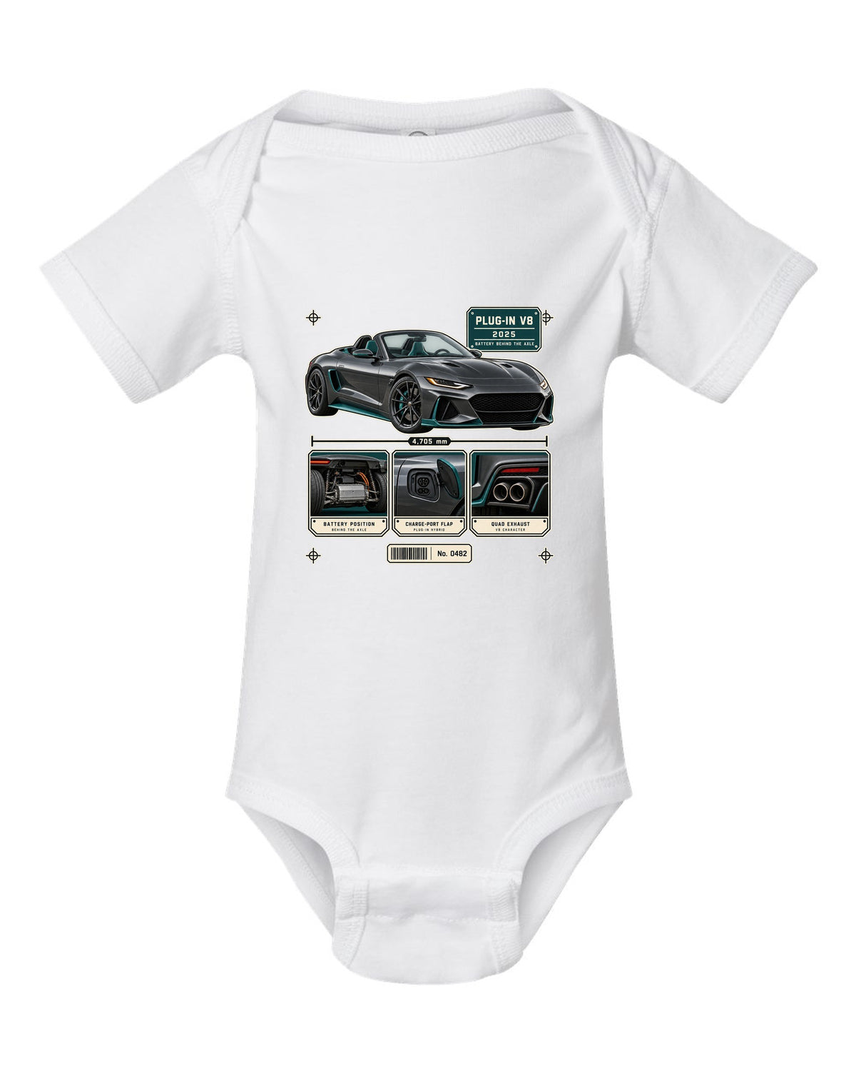 Mercedes-AMG SL63 S E Performance R232 dossier panel print in graphite and teal white baby onesie front view with the design