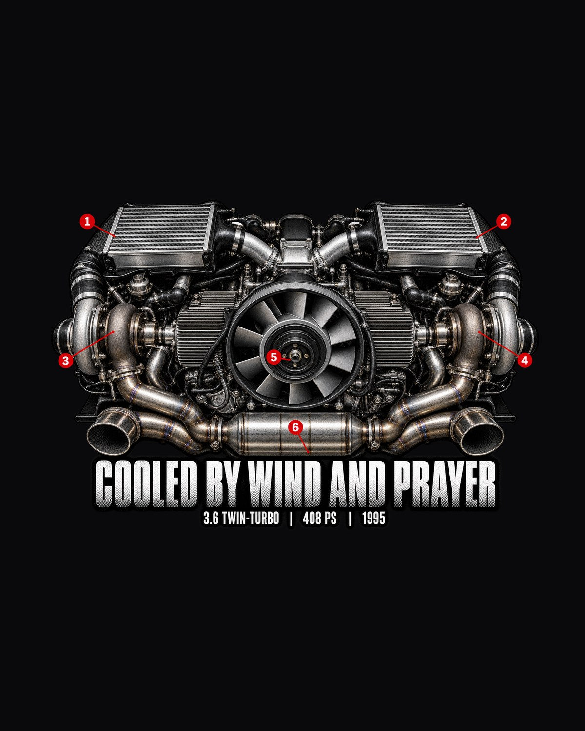 Porsche 911 Turbo 993 Wind And Prayer Engine Shirt, 408 PS design only
