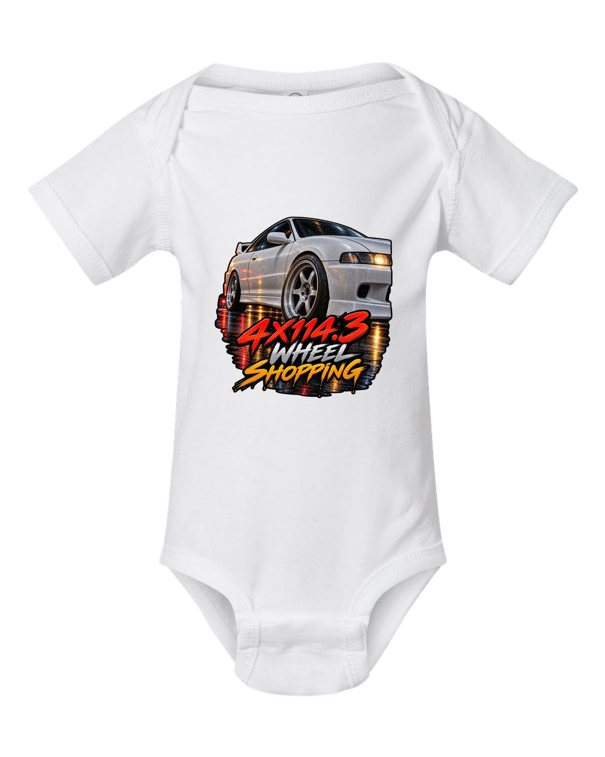 Cinematic macro painting print of a wet wheel on a 1995 Honda Integra DC2 coupe with 4x114.3 text white baby onesie front view with the design