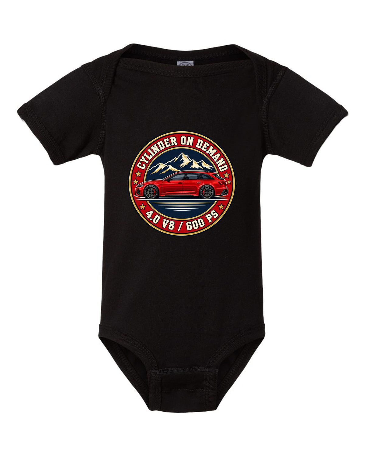 Varsity-style crest design for the Audi RS6 Avant C8 with 4.0 V8 and 600 PS lettering black baby onesie front view with the design