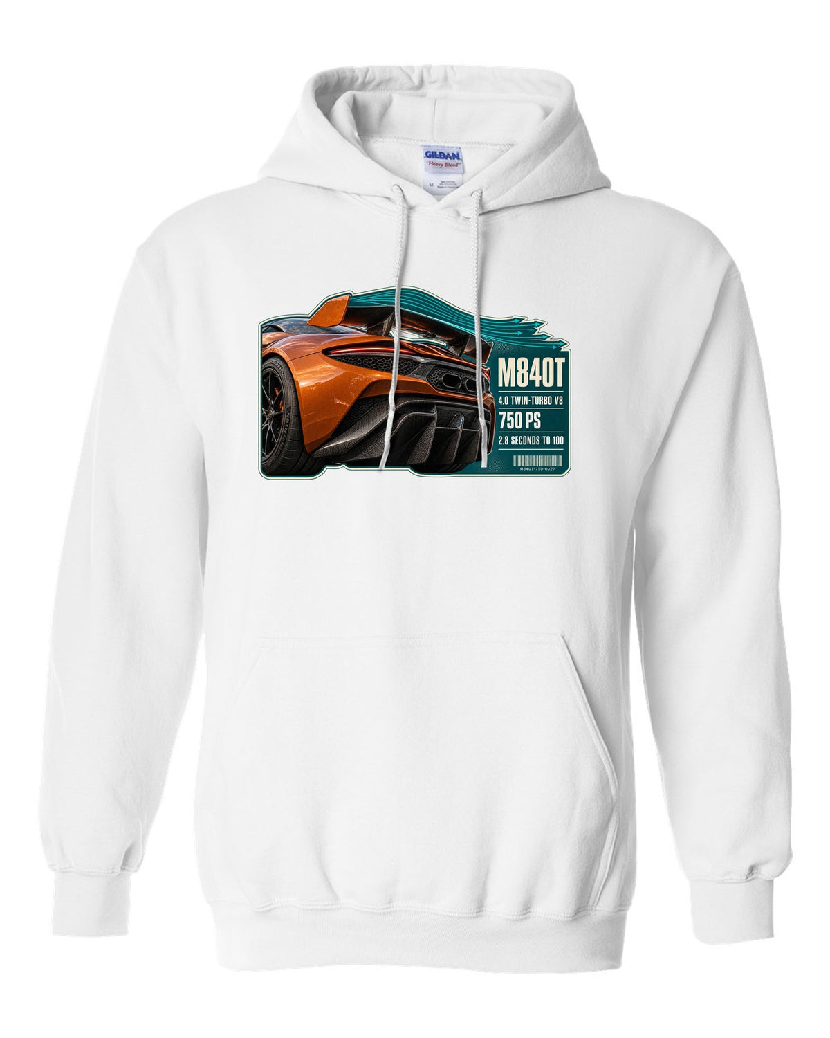 print taillight close-up of a McLaren 750S in burnt orange white pull over hoodie front view with the design