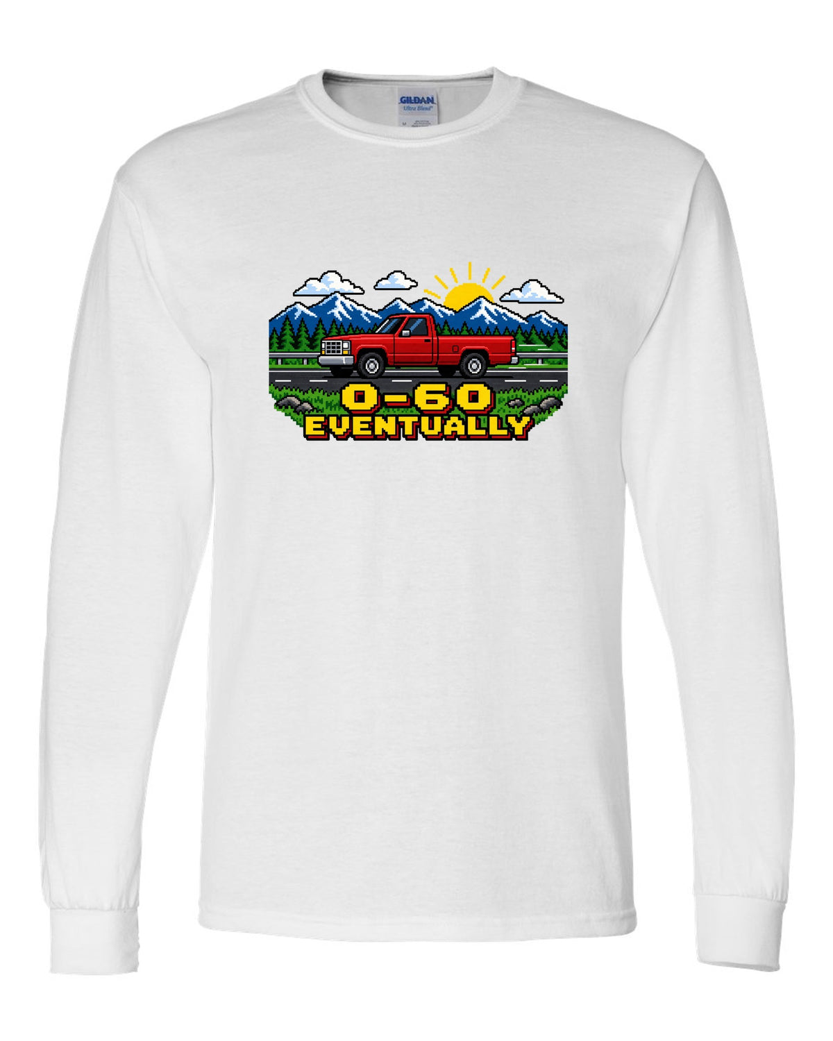 Pixel art print of a 1989-1993 Dodge Ram D250 Cummins with the text 0-60 eventually white long sleeve front view with the design