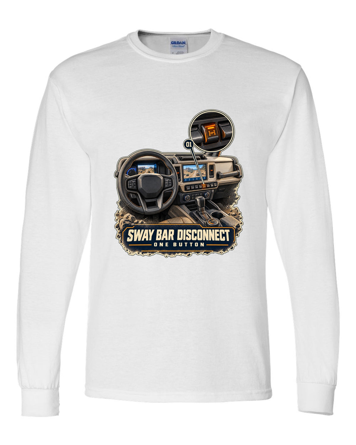 Ford Bronco Badlands dash with sway bar disconnect switch print white long sleeve front view with the design