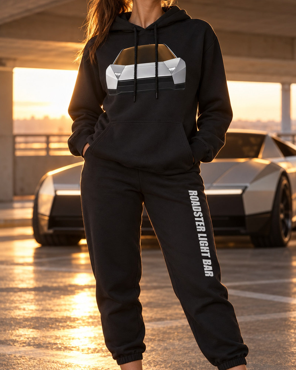 Tesla Roadster Light BAR Dream Car Hoodie + Jogger Set Black worn hero