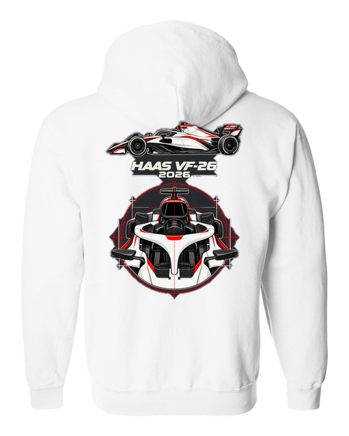 Haas VF-26 2026 F1 car technical poster artwork white zip hoodie back view with the design
