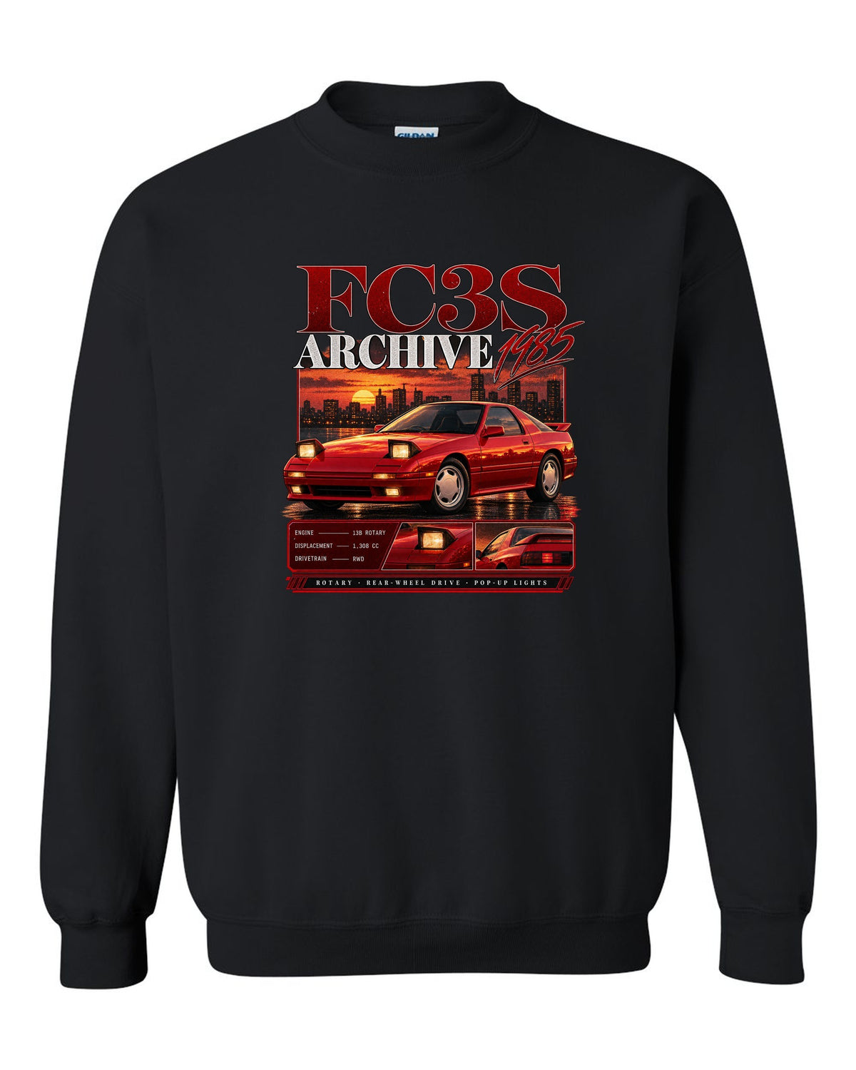 Archive panel print of a Mazda RX-7 FC3S with 13B rotary specs black crewneck front view with the design