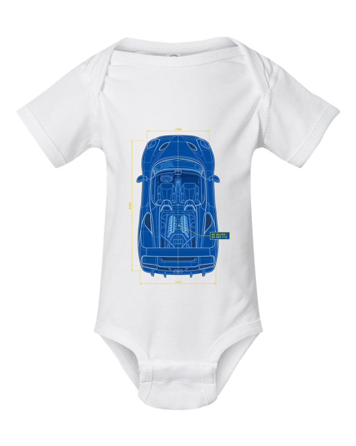 Top-down plan blueprint print of a 1995 Ferrari F50 F130 with 60 valves and 65 degree V12 text white baby onesie front view with the design