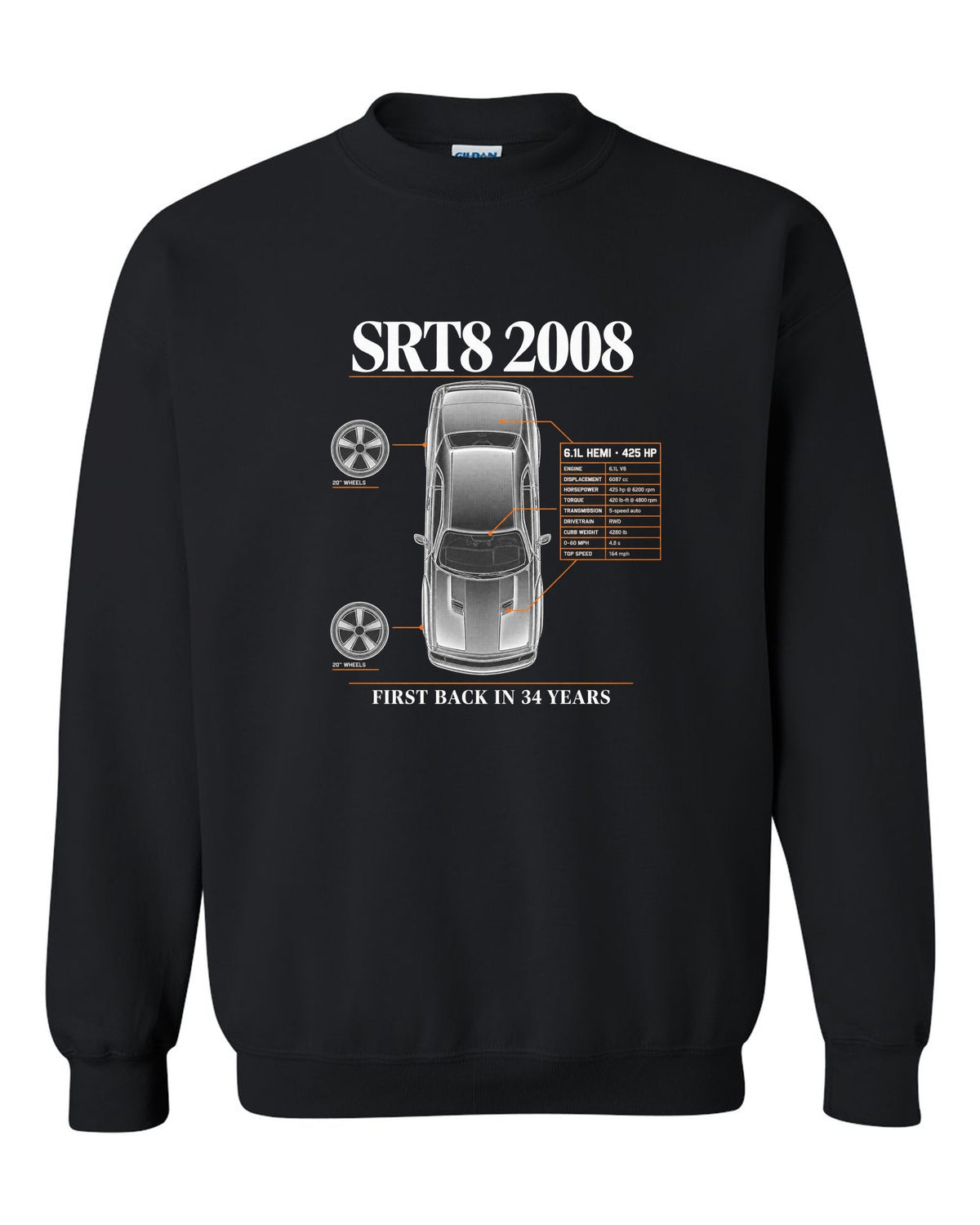Spec poster print of a 2008 Dodge Challenger SRT8 with 6.1L Hemi and 425 HP text black crewneck front view with the design