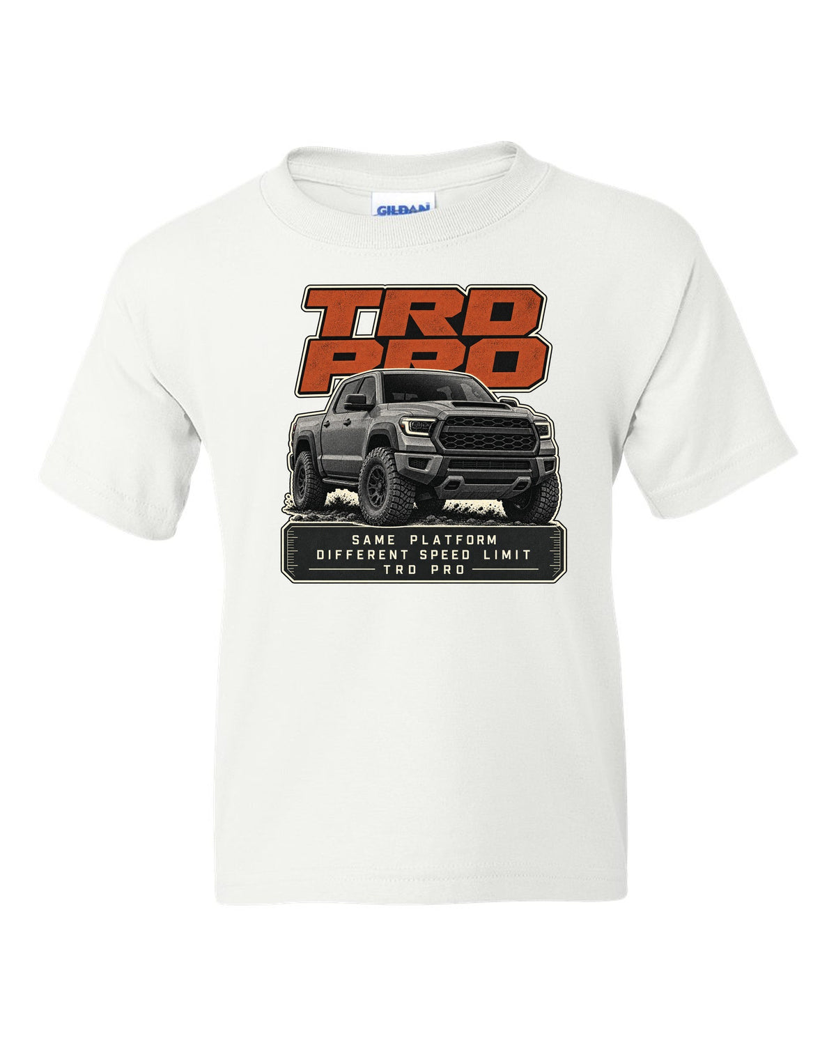 Toyota Tundra TRD Pro halftone statement design white kids tee front view with the design