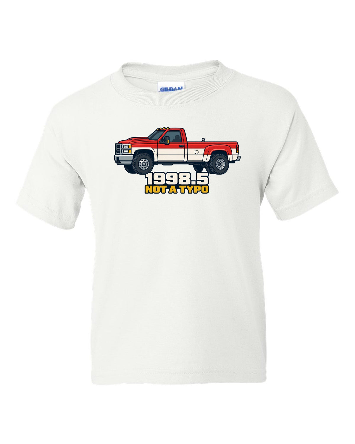 Flat vector poster print of a 1998.5-2002 Ram 2500 24V Cummins with 1998.5 Not A Typo text white kids tee front view with the design