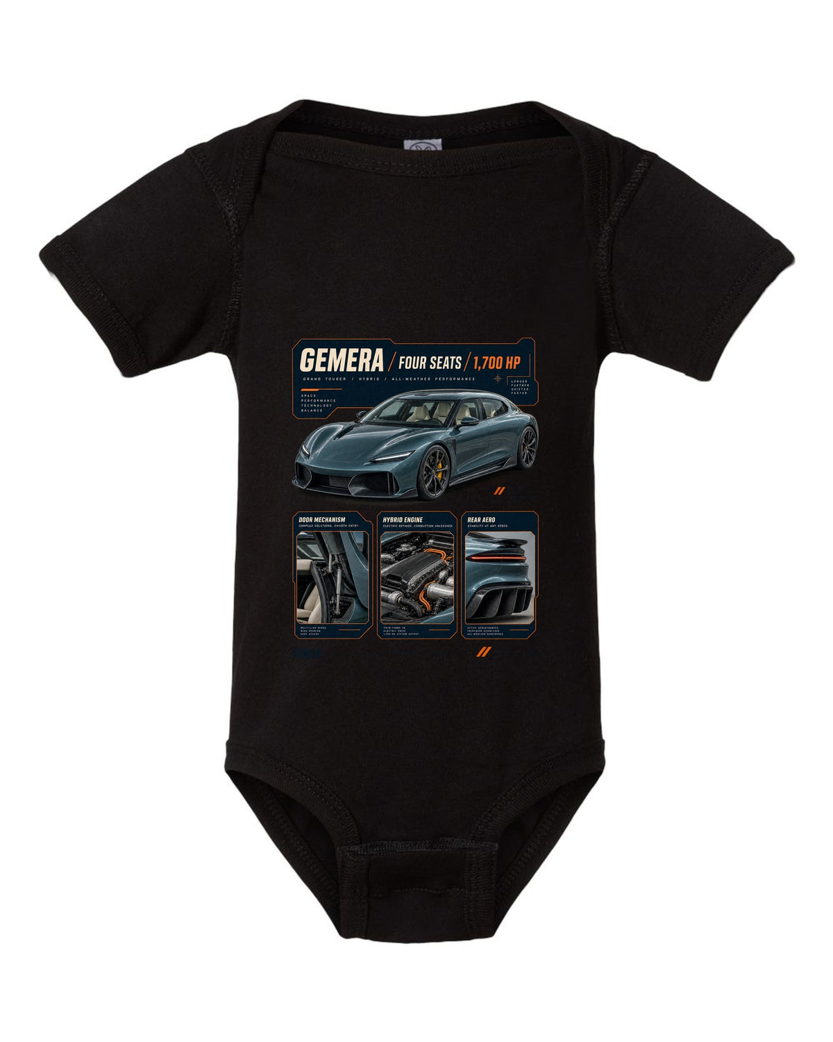 Dossier panel print of the Koenigsegg Gemera with the text Gemera, Mega-GT, four seats, 2020 reveal black baby onesie front view with the design