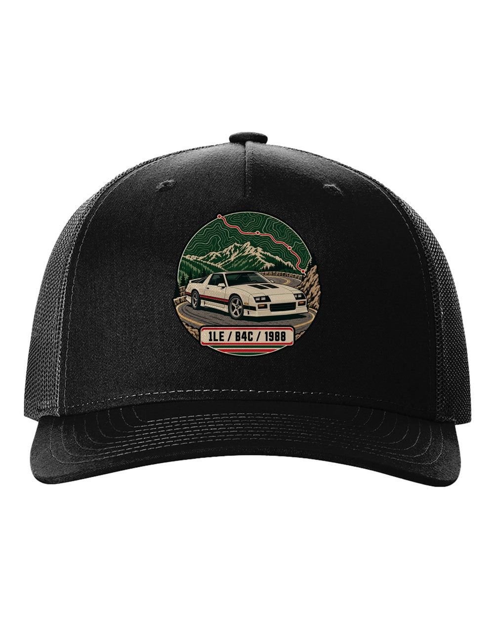 1988 Chevrolet Camaro 1LE topographic route map print with 1LE B4C 1988 text black hat front view with the design