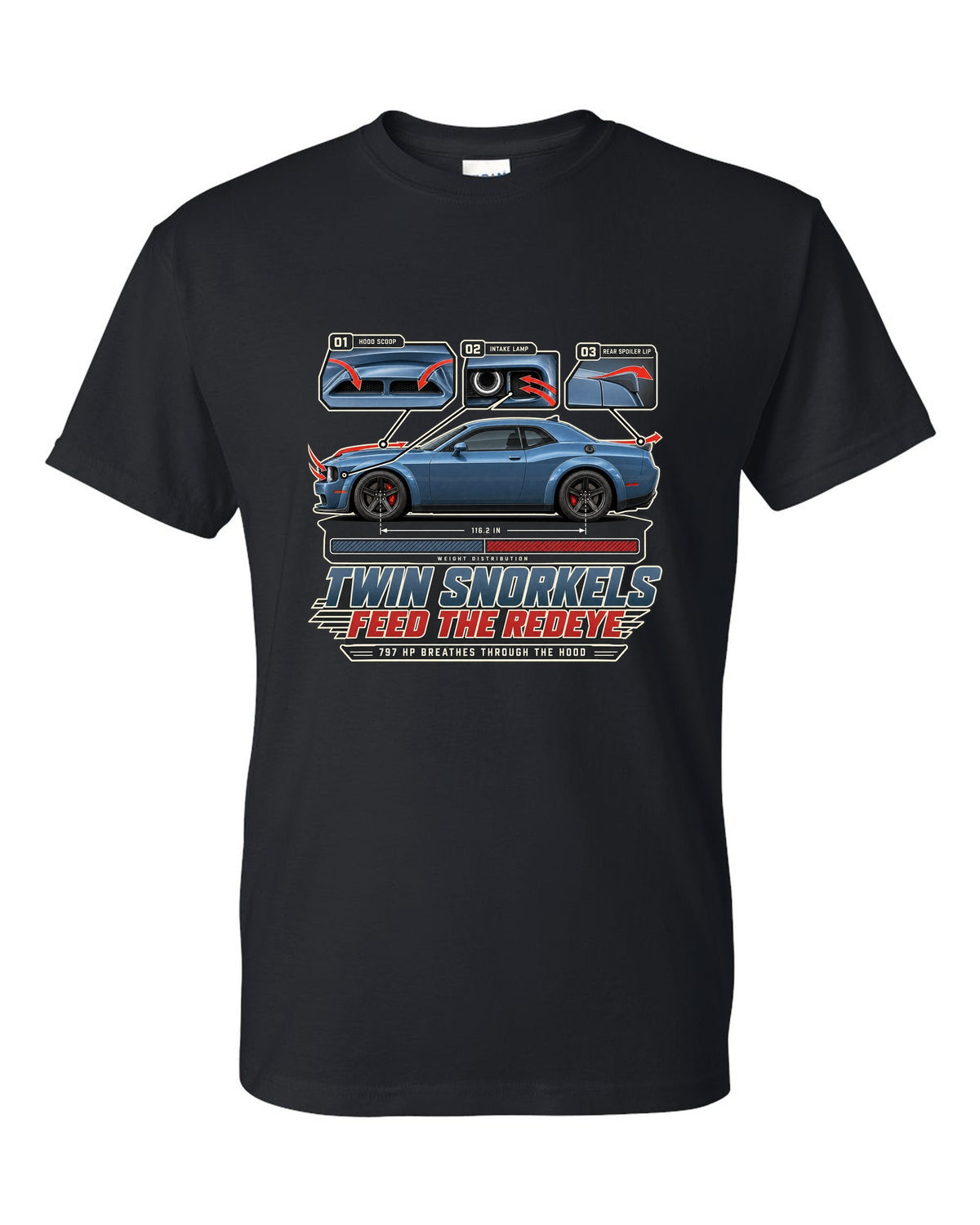 Dodge Challenger Hellcat Redeye Widebody aero callouts showing twin hood snorkels black t-shirt front view with the design