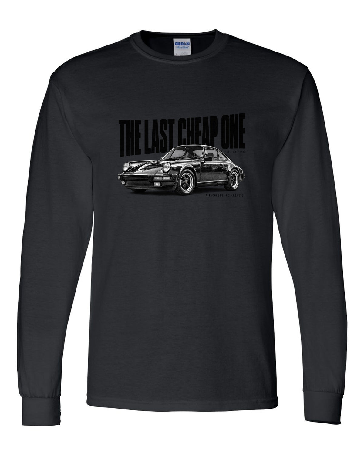 Halftone print of a Porsche 911 SC G-series with The Last Cheap One caption black long sleeve front view with the design