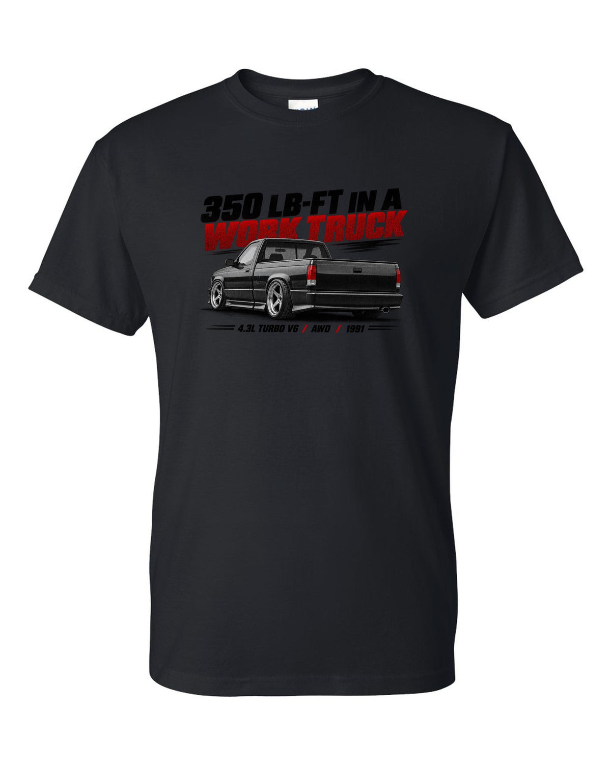 Halftone print of a 1991 GMC Syclone in a low rear three-quarter view black t-shirt front view with the design