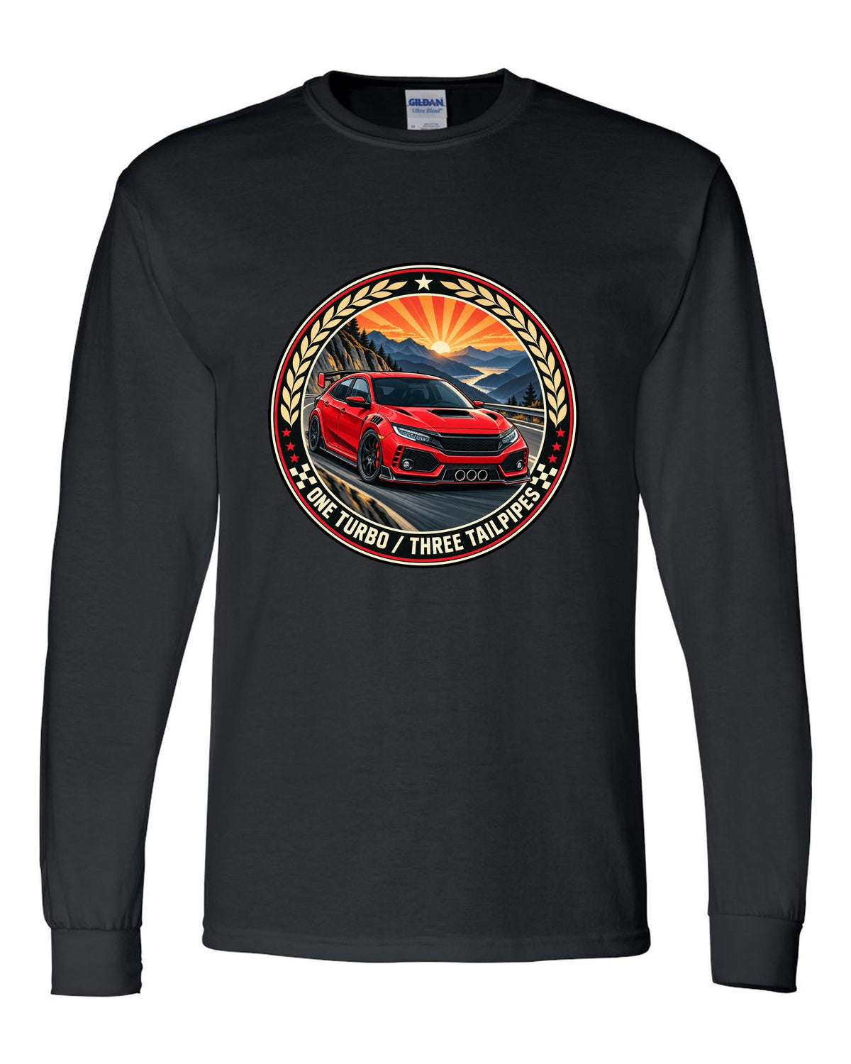 Original crest layout print for the Honda Civic Type R FK8 with one turbo three tailpipes text black long sleeve front view with the design