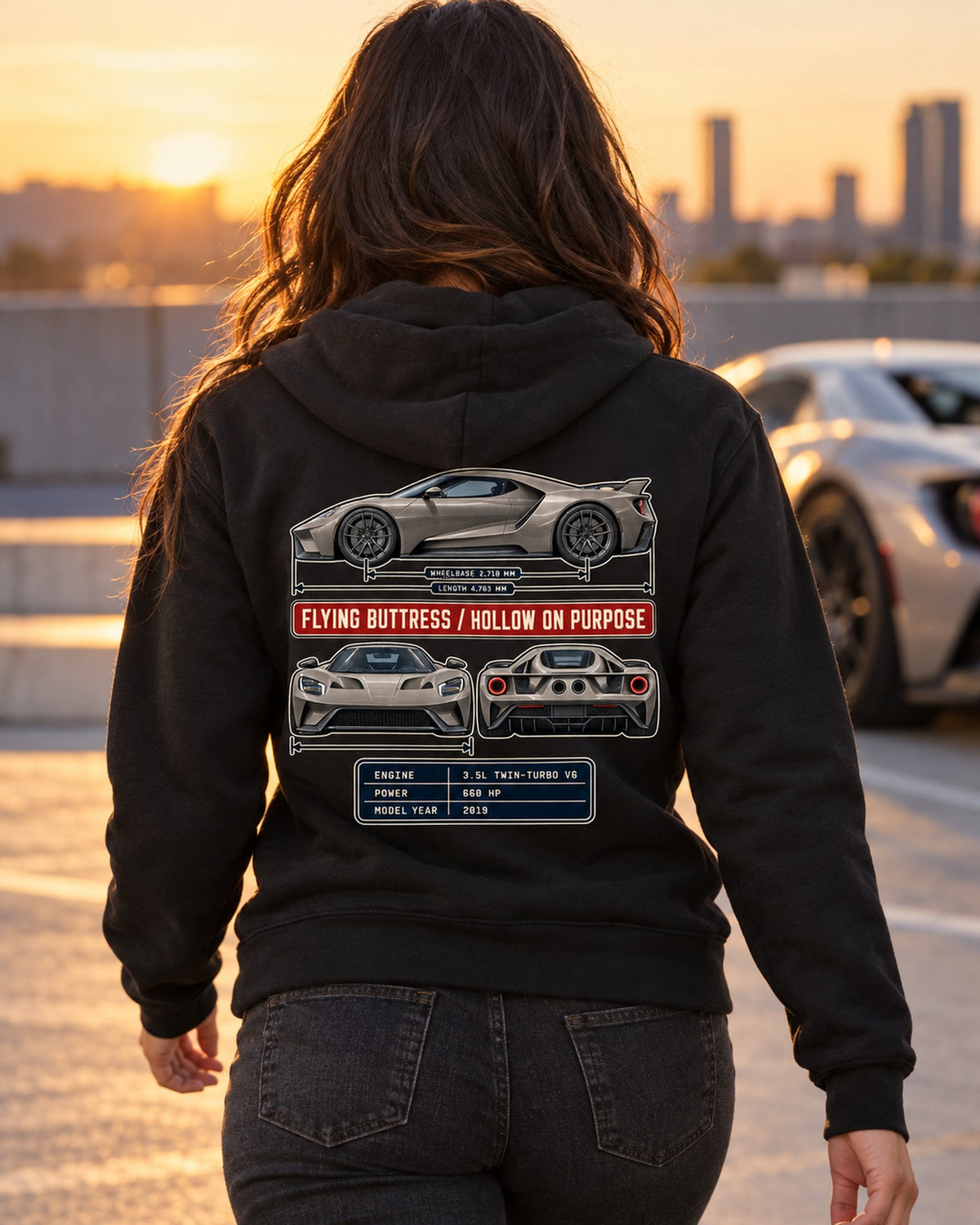 Ford GT 2019 Three-View Spec Table Tee, Flying Buttress Shirt Zip Hoodie Black worn hero