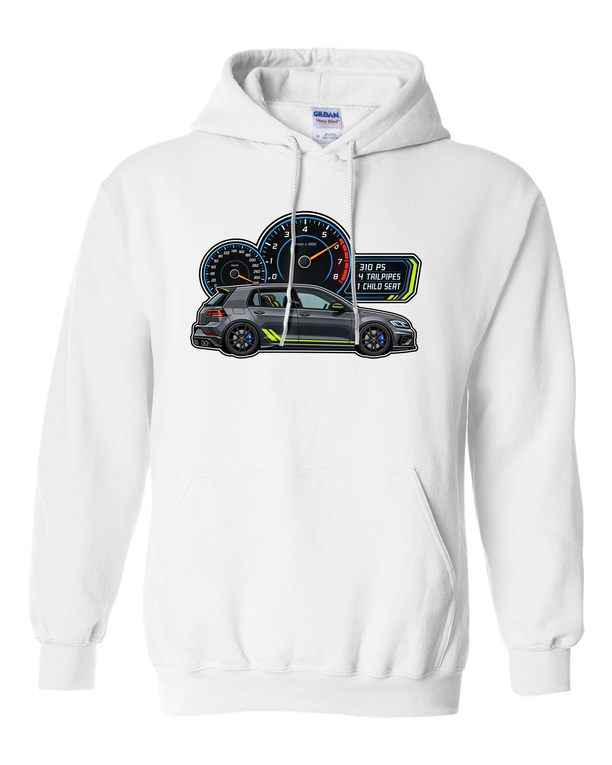 Gauge cluster style print for a VW Golf R Mk7.5 showing 310 PS 4 tailpipes 1 child seat white pull over hoodie front view with the design