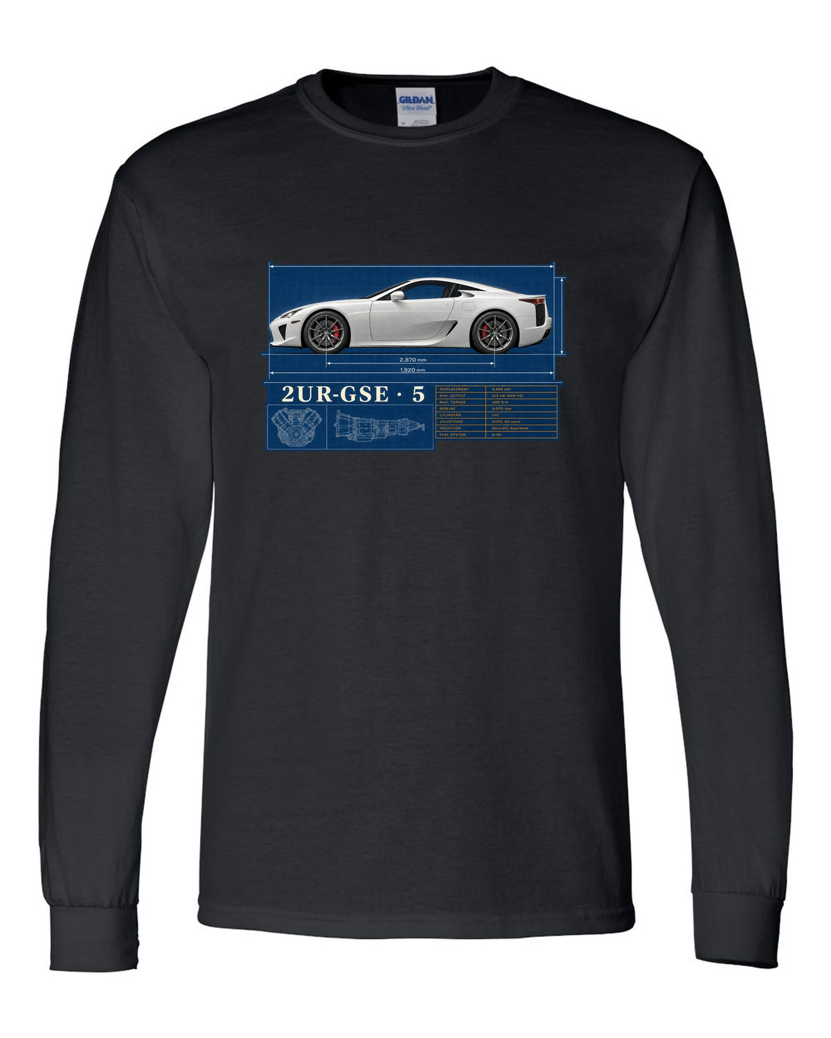 Spec poster of the Lexus LFA10 with power, weight and top speed figures black long sleeve front view with the design
