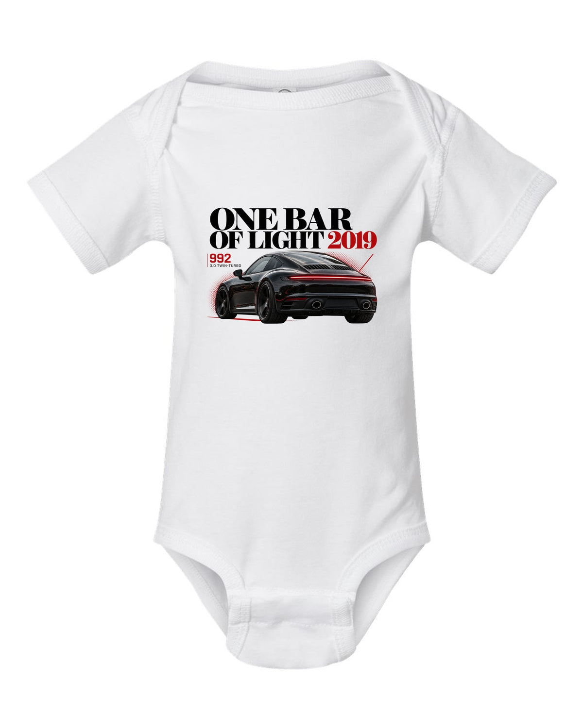 Editorial headline print of a Porsche 911 Carrera S 992 with One Bar Of Light caption white baby onesie front view with the design