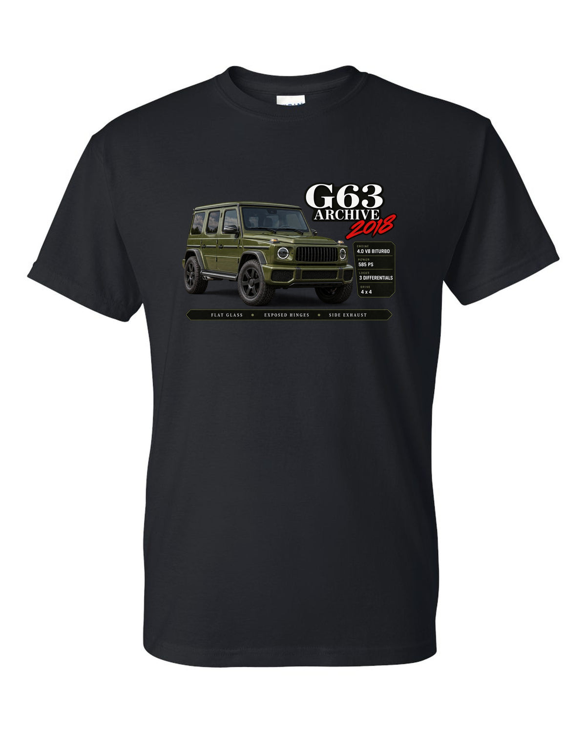 Archive panel print of a Mercedes-AMG G63 W464 with G63 Archive 2018 lettering black t-shirt front view with the design