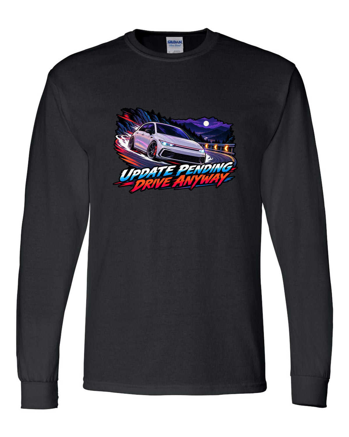 Cel-shaded anime night touge scene of a VW Golf Mk8 GTI with update pending drive anyway text black long sleeve front view with the design