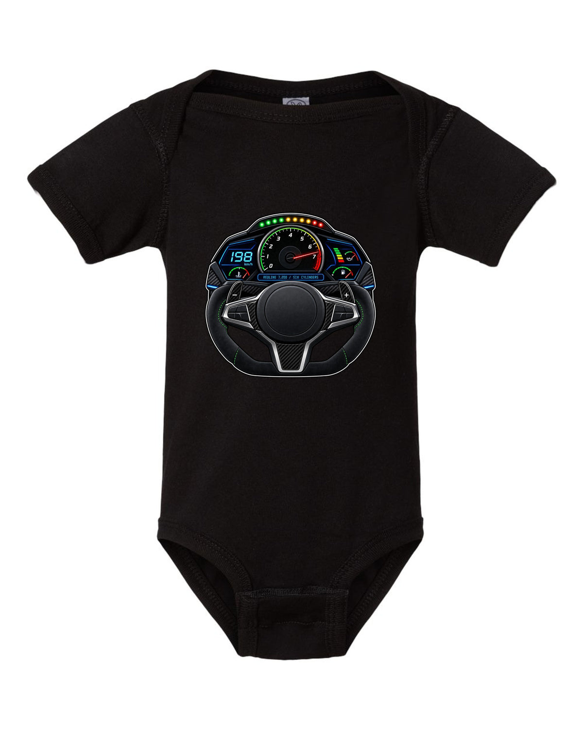 BMW G80 M3 interior gauge cluster HUD print with redline 7,200 text black baby onesie front view with the design