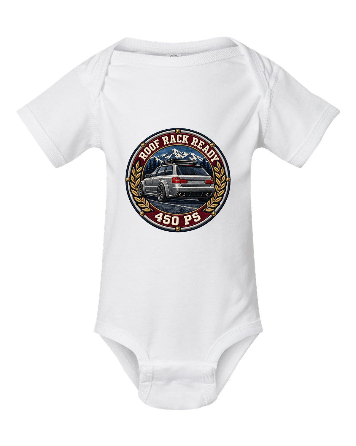 Varsity crest style print of a flared Audi RS6 Avant C5 with Roof Rack Ready text white baby onesie front view with the design