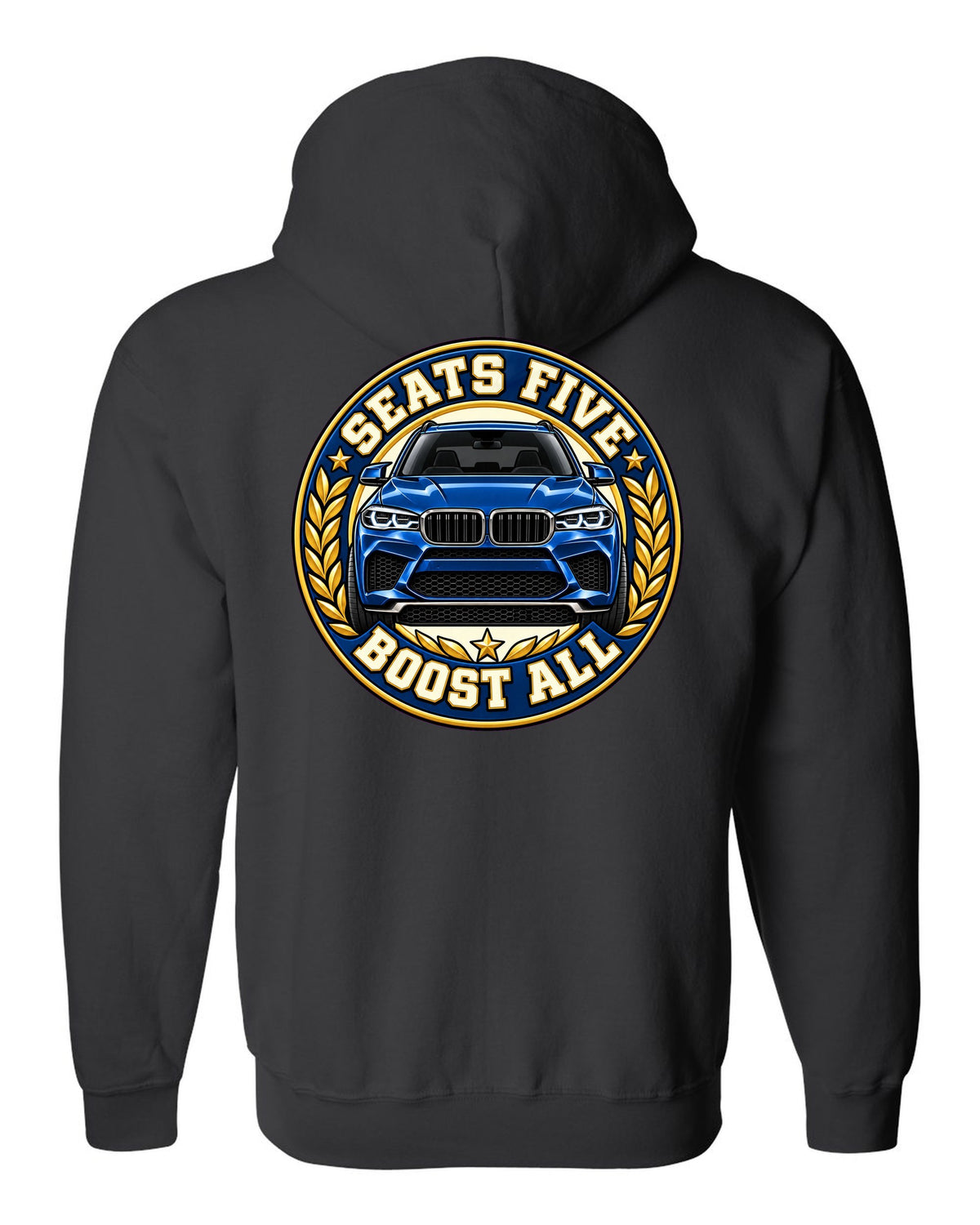Embroidery-style varsity crest print for the BMW X5 M F85 black zip hoodie back view with the design