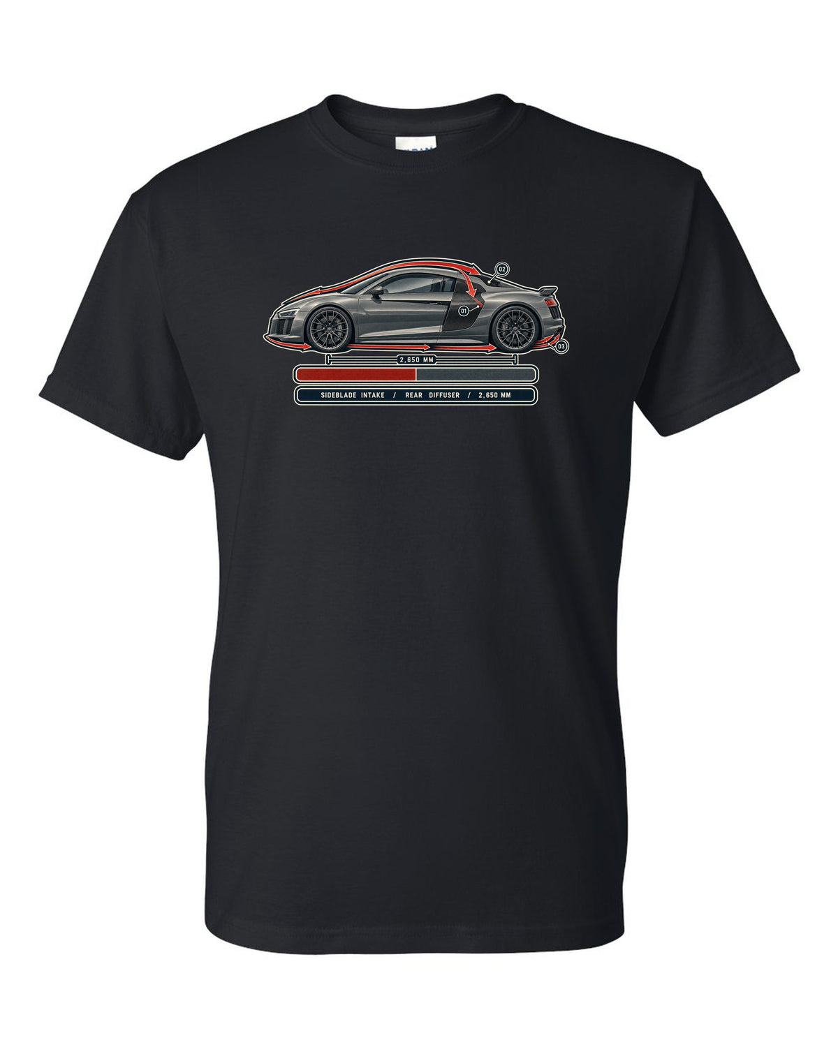 Audi R8 V10 plus Type 4S airflow cutaway with sideblade and diffuser callouts black t-shirt front view with the design