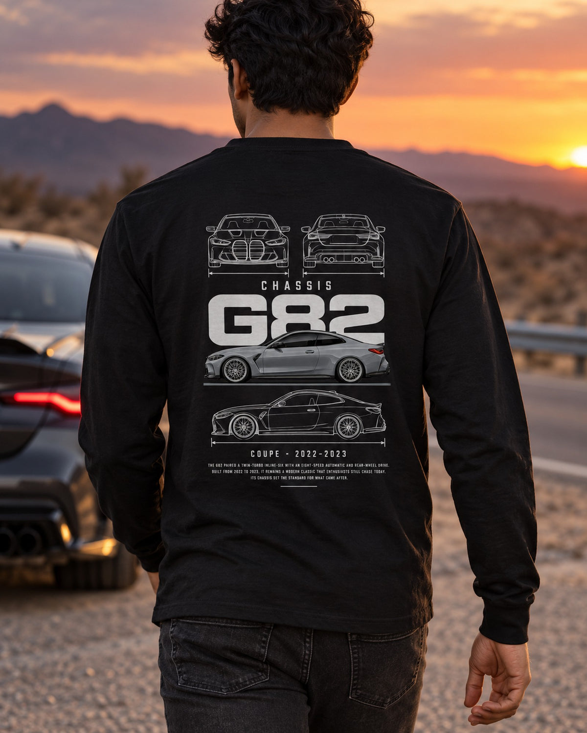 BMW G82 M4 CSL coupe Blueprint Full-Back Graphic Tee, G82 Chassis Code Long Sleeve Black worn hero