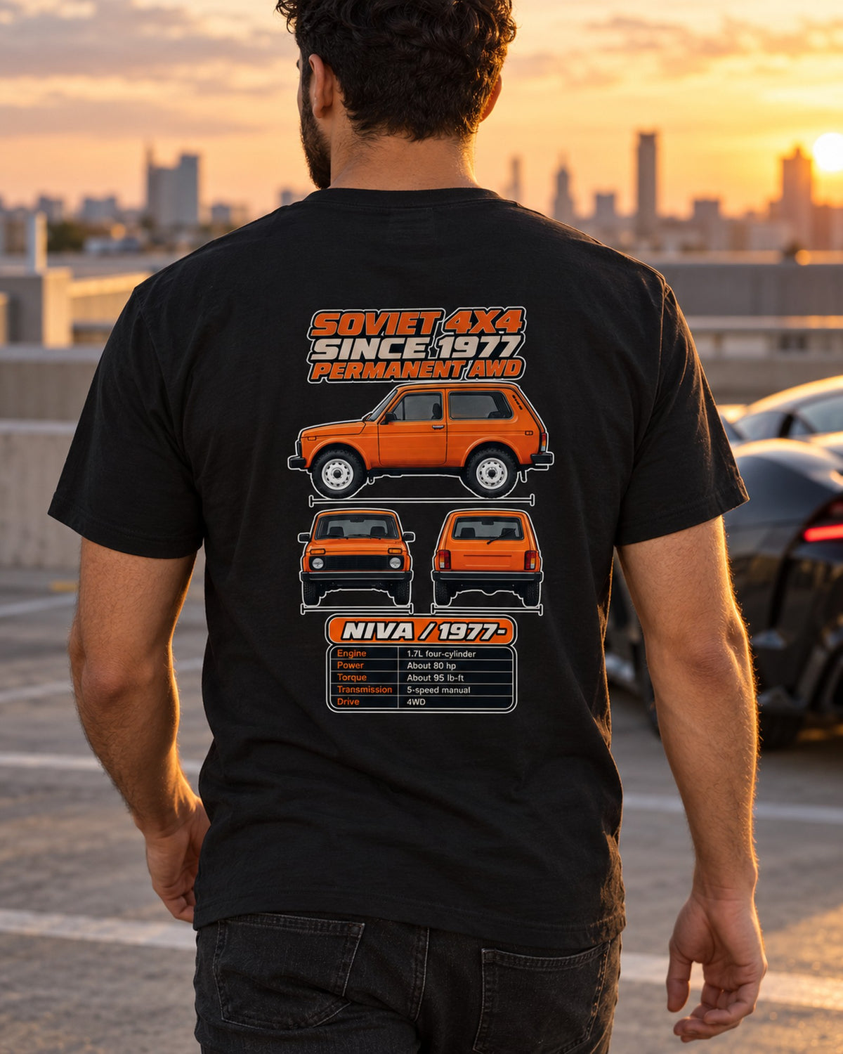 Lada Niva Spec Sheet Full-Back Graphic Tee T-Shirt Black worn hero
