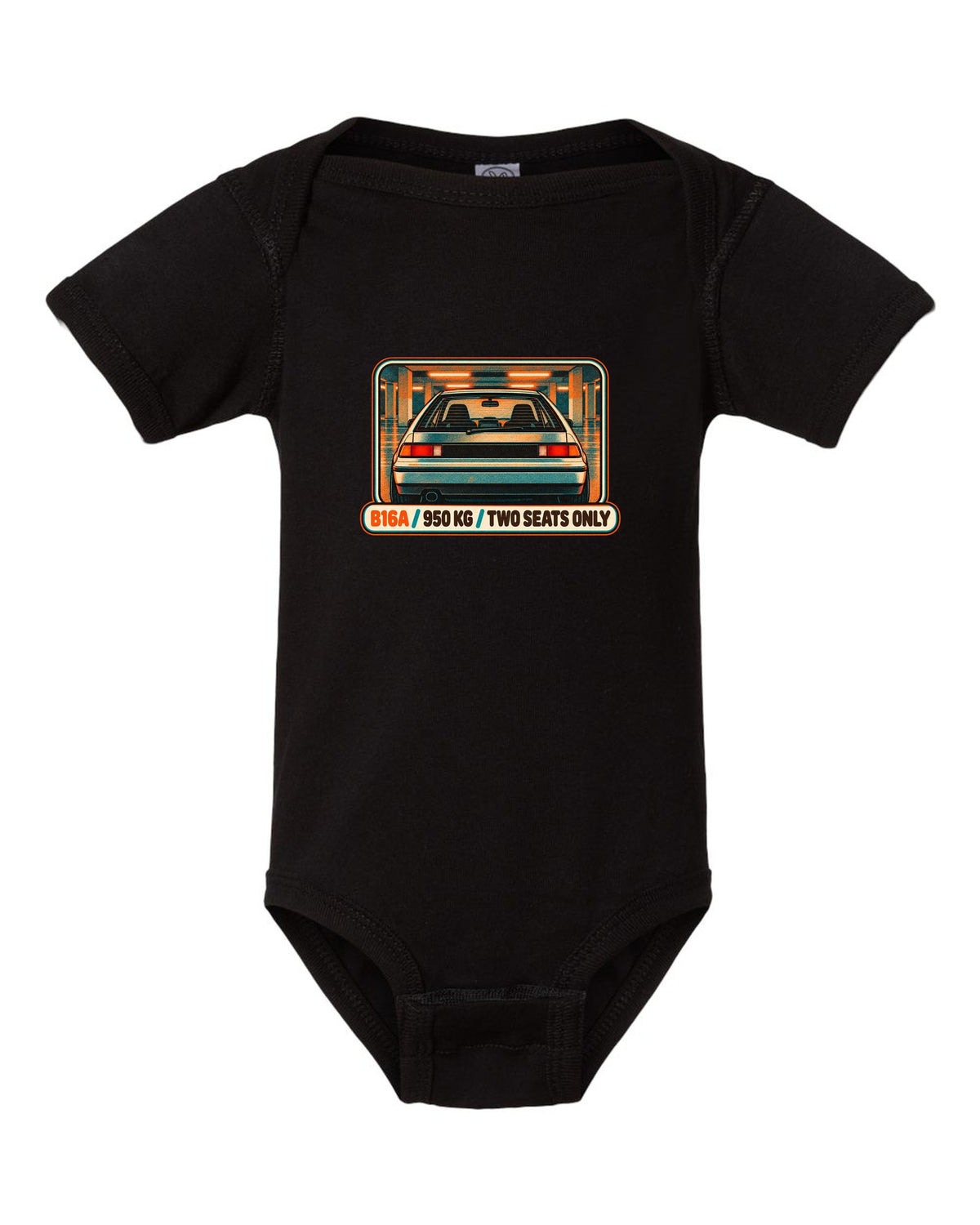 Grunge stencil print of a Honda NSX-R with No A/C No Stereo lettering black baby onesie front view with the design