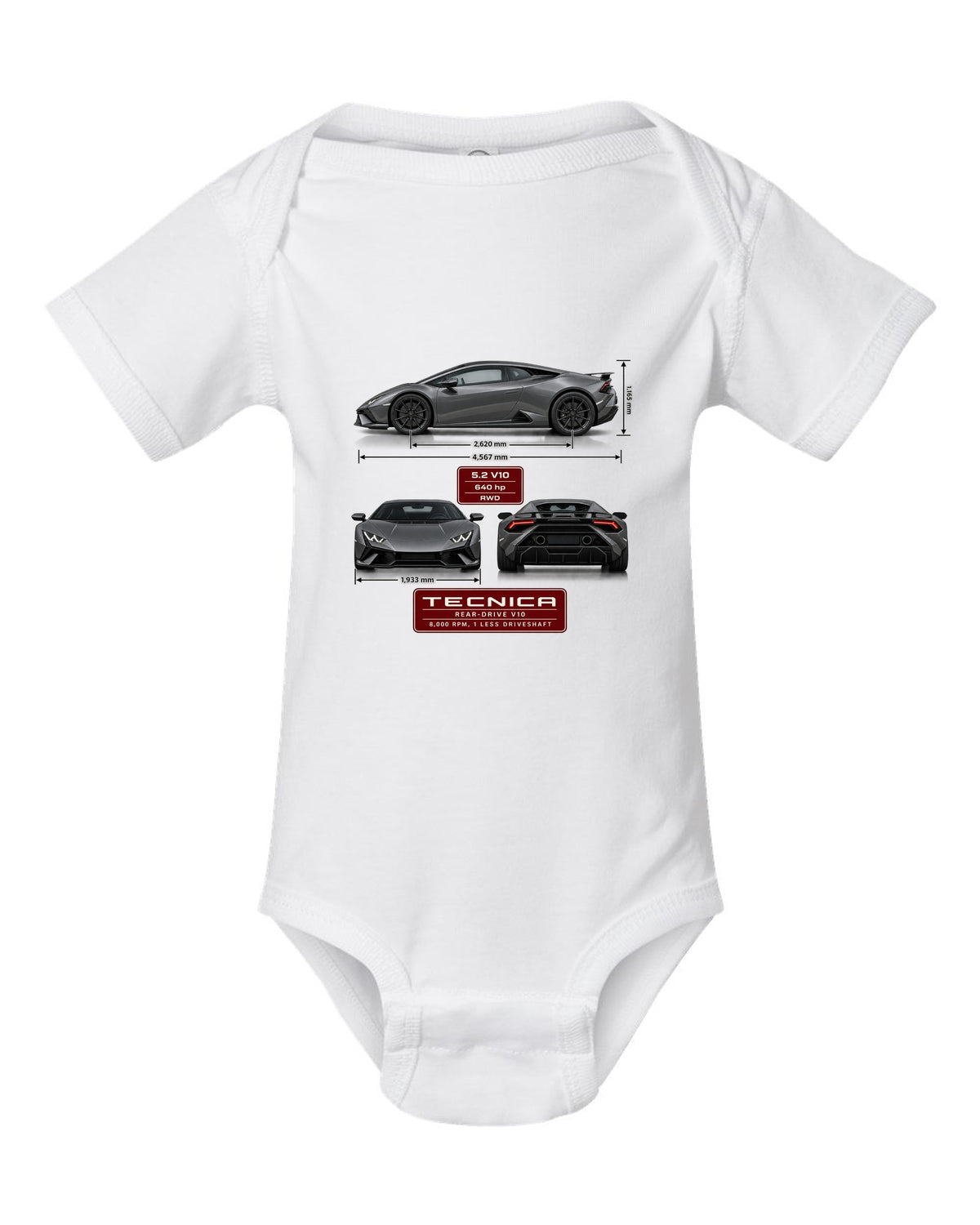 Three-view spec table print of the Lamborghini Huracan Tecnica white baby onesie front view with the design