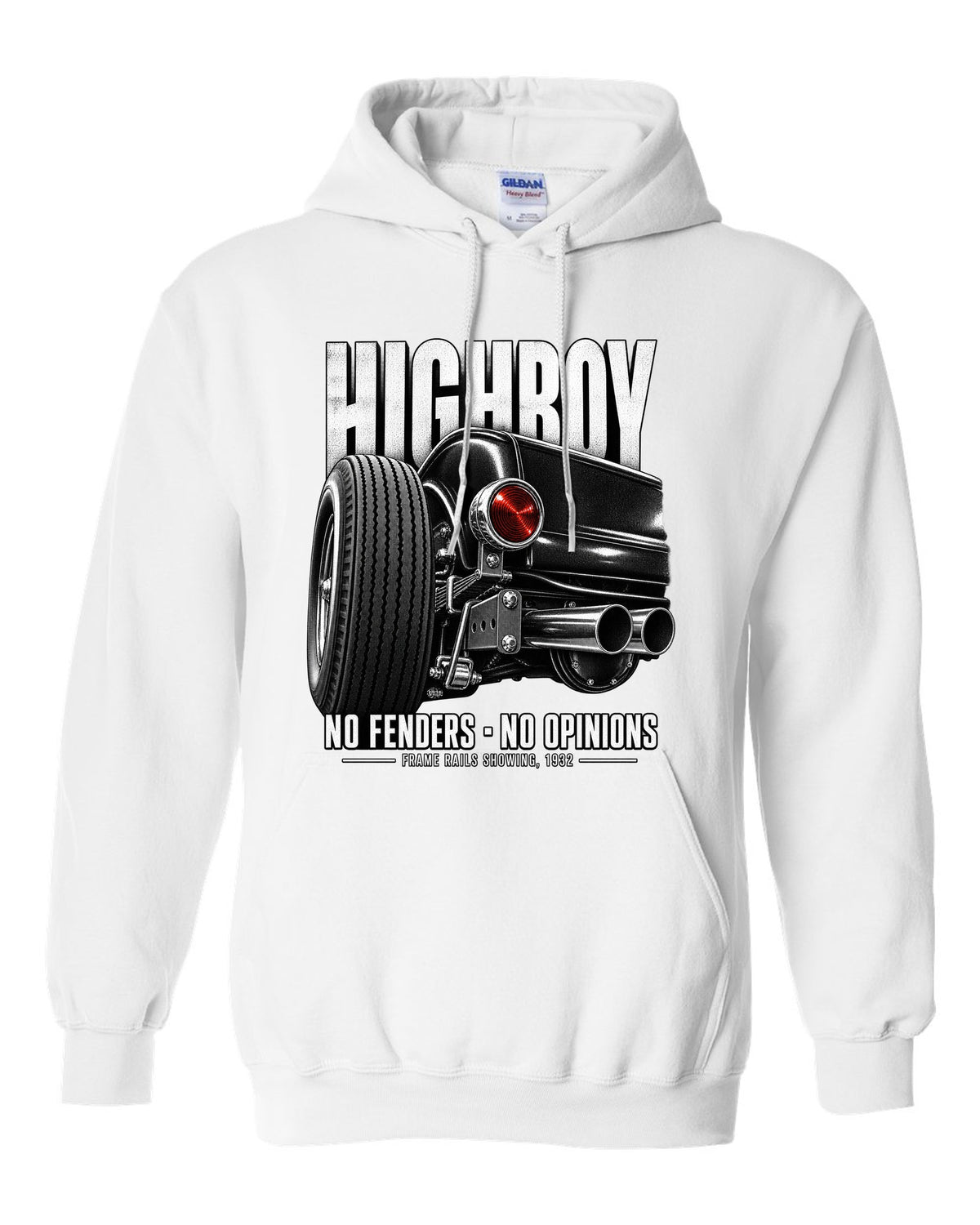 Rear taillight detail print of a 1932 Ford Deuce highboy roadster white pull over hoodie front view with the design