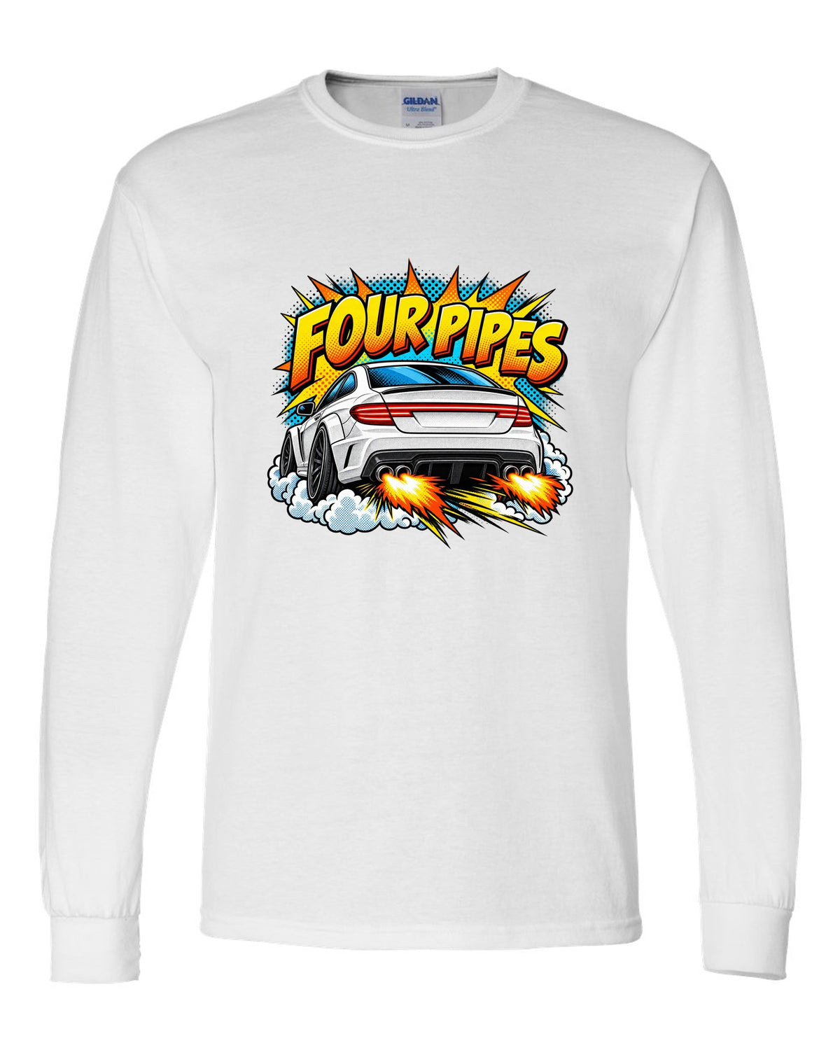 Comic halftone pop-art of the exhaust end of a Mercedes C63 Coupe C204 white long sleeve front view with the design
