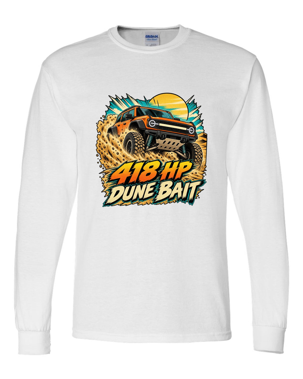 Ford Bronco Raptor U725 in a retro manga halftone dune panel print white long sleeve front view with the design
