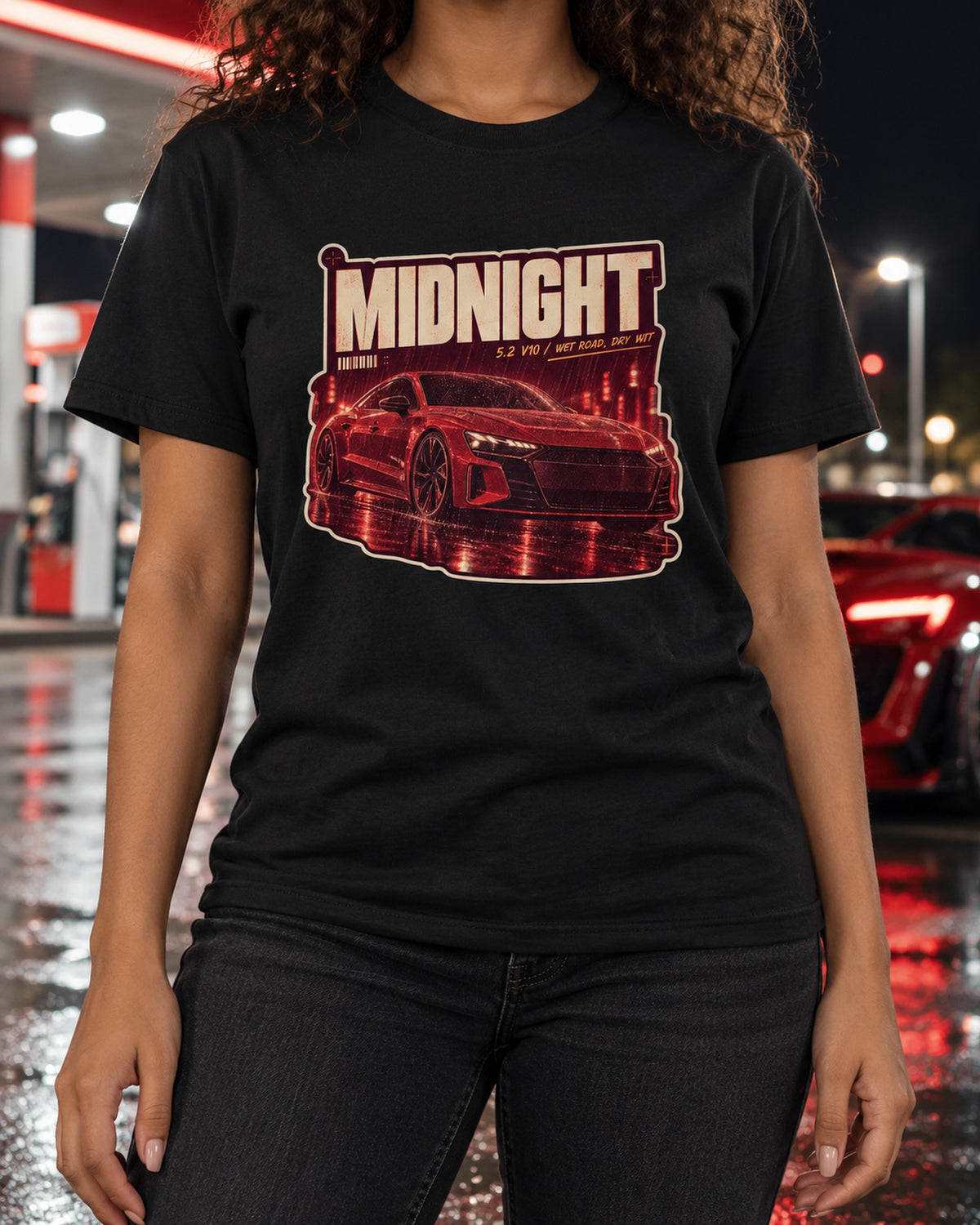 Audi R8 V10 Performance Night Street Tee, Wet Road Midnight Shirt T-Shirt Black worn hero