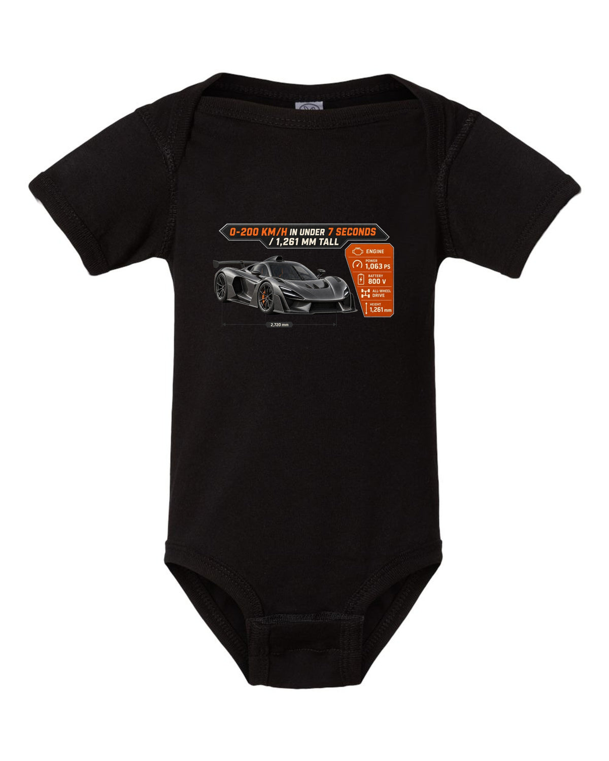 Mercedes-AMG One spec poster design with acceleration and height figures black baby onesie front view with the design