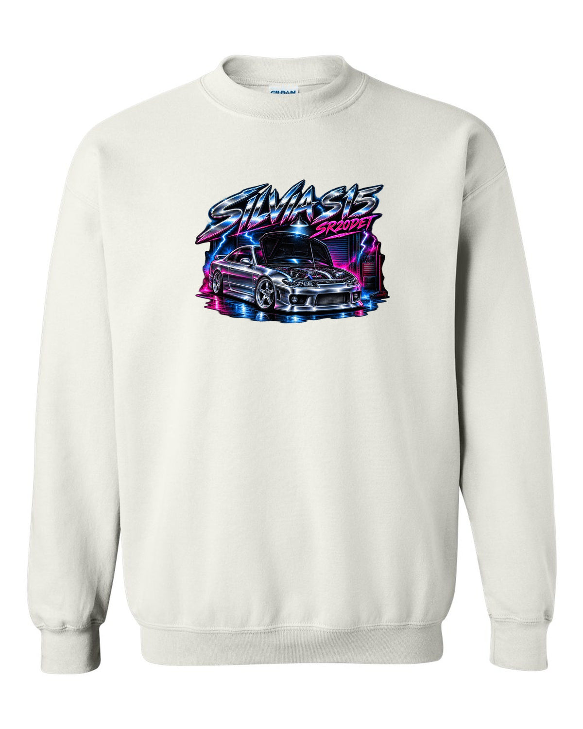 Airbrush chrome poster print of a Nissan Silvia S15 with SR20DET lettering white crewneck front view with the design