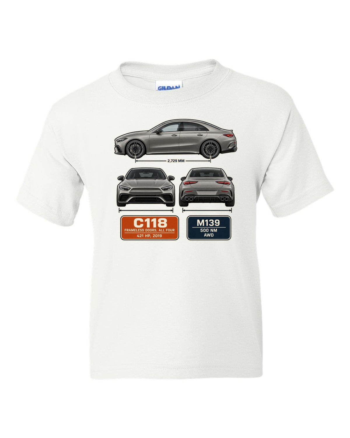Mercedes-AMG CLA 45 S C118 four-door coupe three-view spec print white kids tee front view with the design