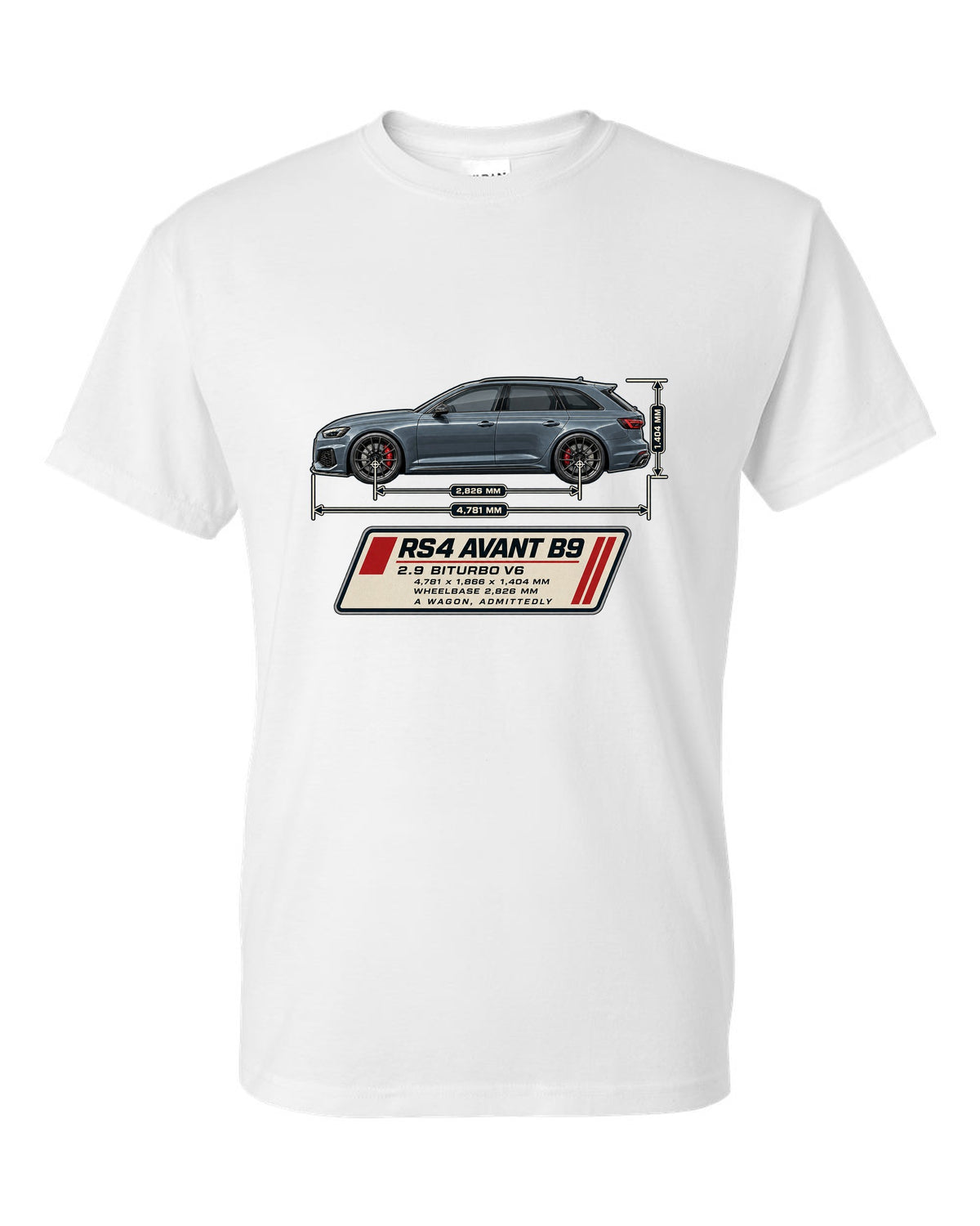 Audi RS4 Avant B9 dimension blueprint print with measurements white t-shirt front view with the design