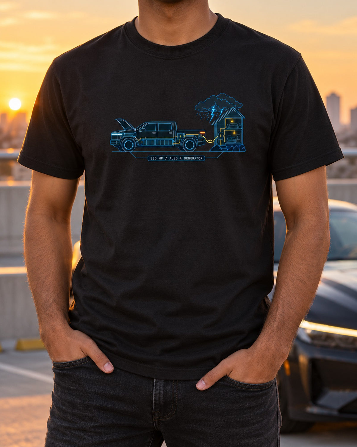 Ford F-150 Lightning Power Schematic Tee, Truck Guy Gift T-Shirt Black worn hero