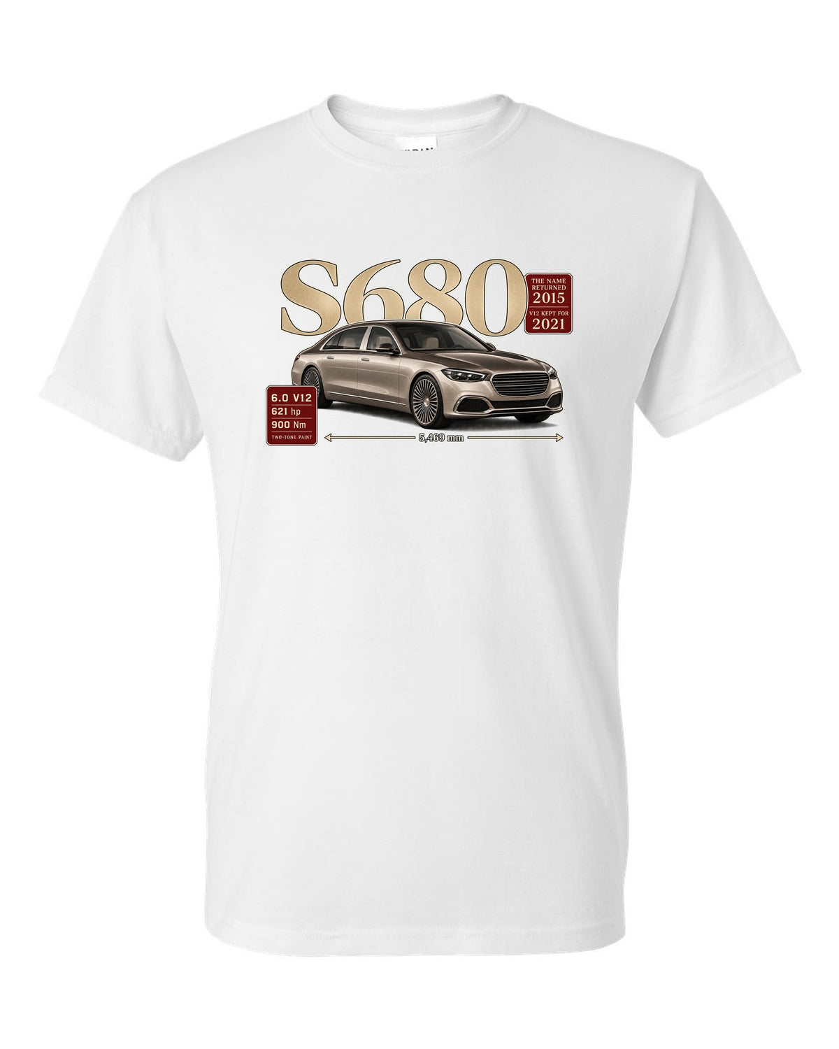 print archive panel of a Mercedes-Maybach S680 Z223 three-quarter with serif title white t-shirt front view with the design