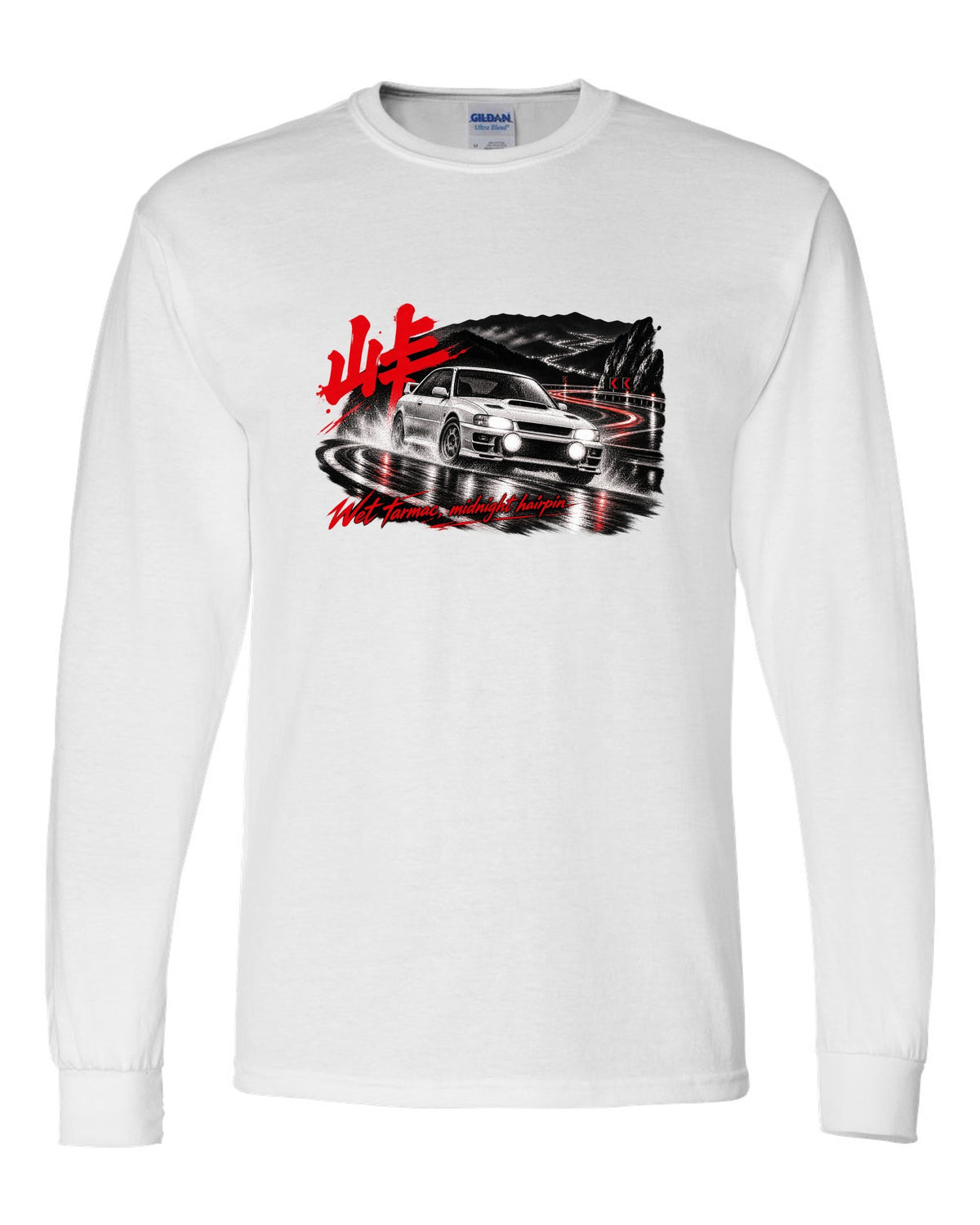 Subaru Impreza WRX GC8 coupe on a wet mountain hairpin at night with touge kanji white long sleeve front view with the design