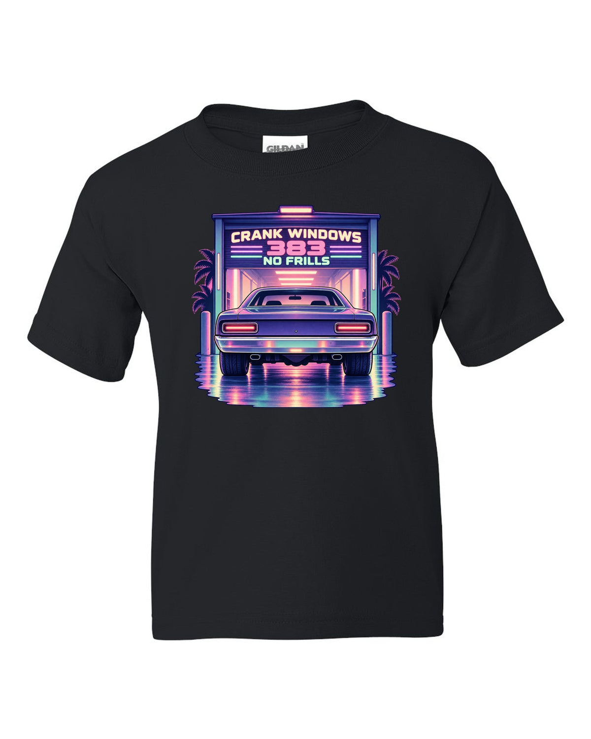 Vaporwave pastel night garage with a 1970 Plymouth Road Runner and 383 no frills lettering black kids tee front view with the design