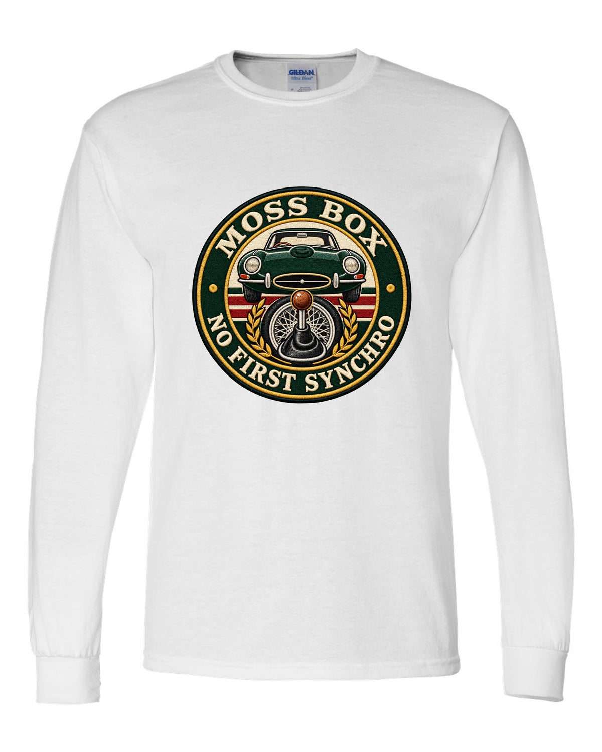 Varsity embroidery-style print for the 1961 Jaguar E-Type Series 1 with Moss box lettering white long sleeve front view with the design